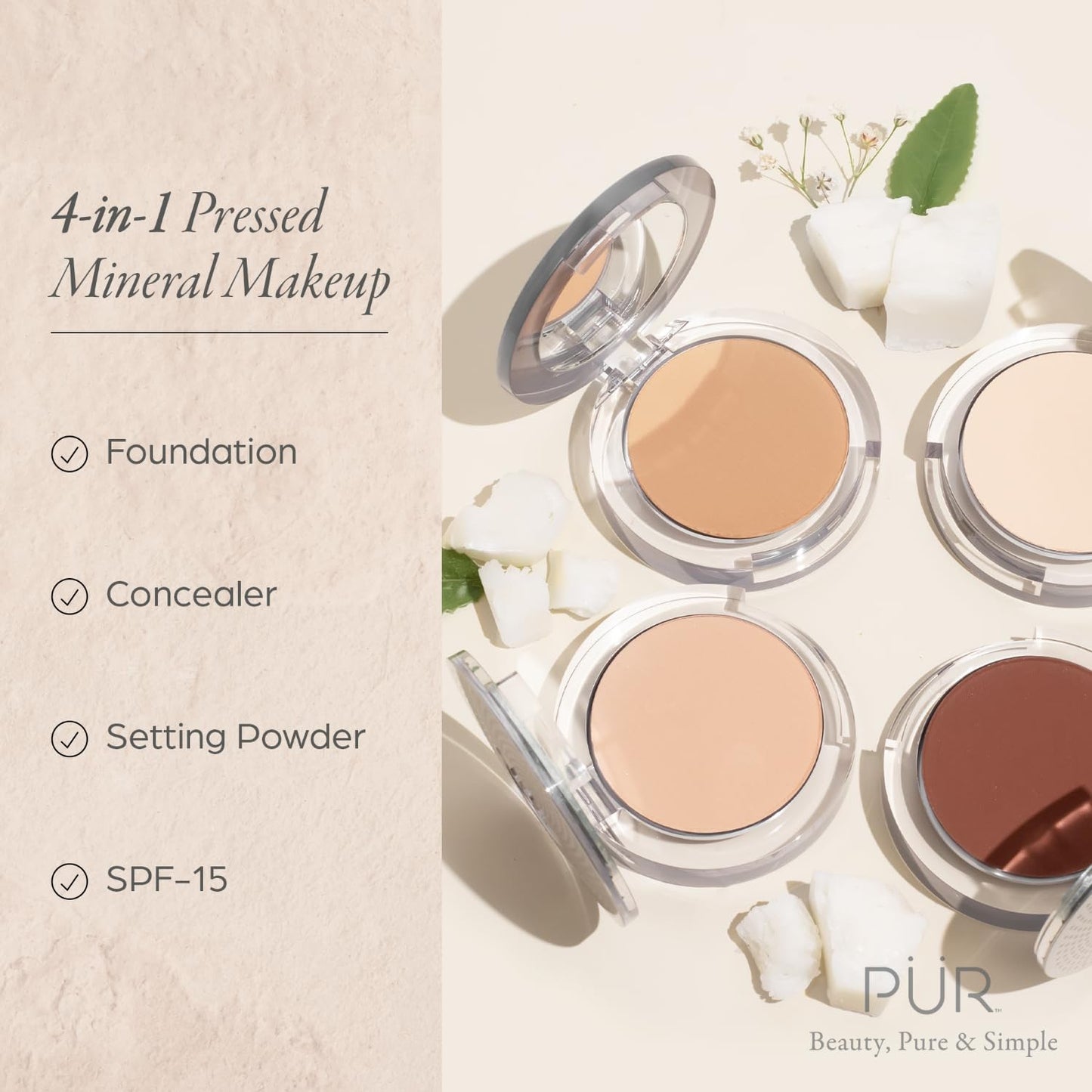 PÜR Beauty 4-in-1 Pressed Mineral Makeup SPF 15 Powder Foundation with Concealer & Finishing Powder- Medium to Full Coverage Foundation- Mineral-Based Powder- Cruelty-Free & Vegan Friendly