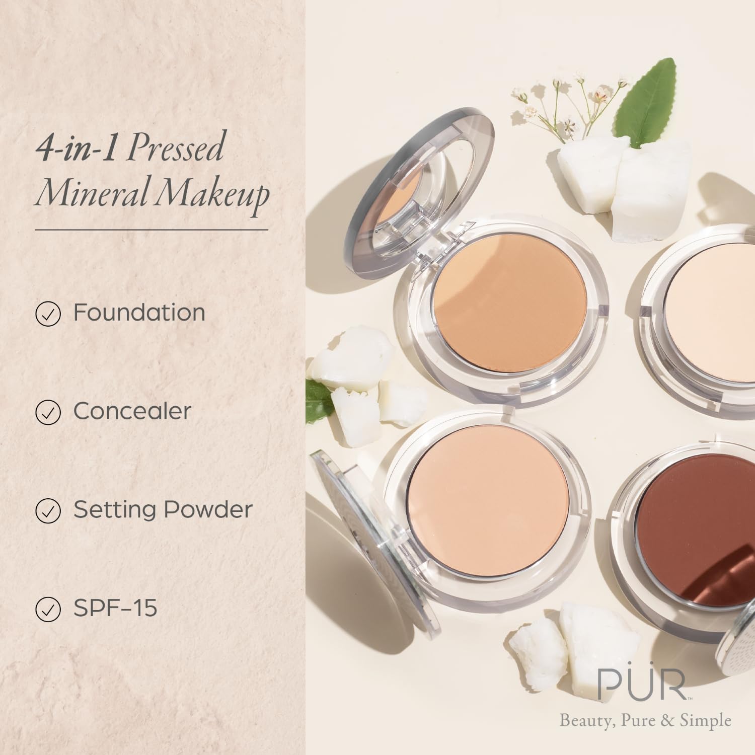 PÜR Beauty 4-in-1 Pressed Mineral Makeup SPF 15 Powder Foundation with Concealer & Finishing Powder- Medium to Full Coverage Foundation- Mineral-Based Powder- Cruelty-Free & Vegan Friendly